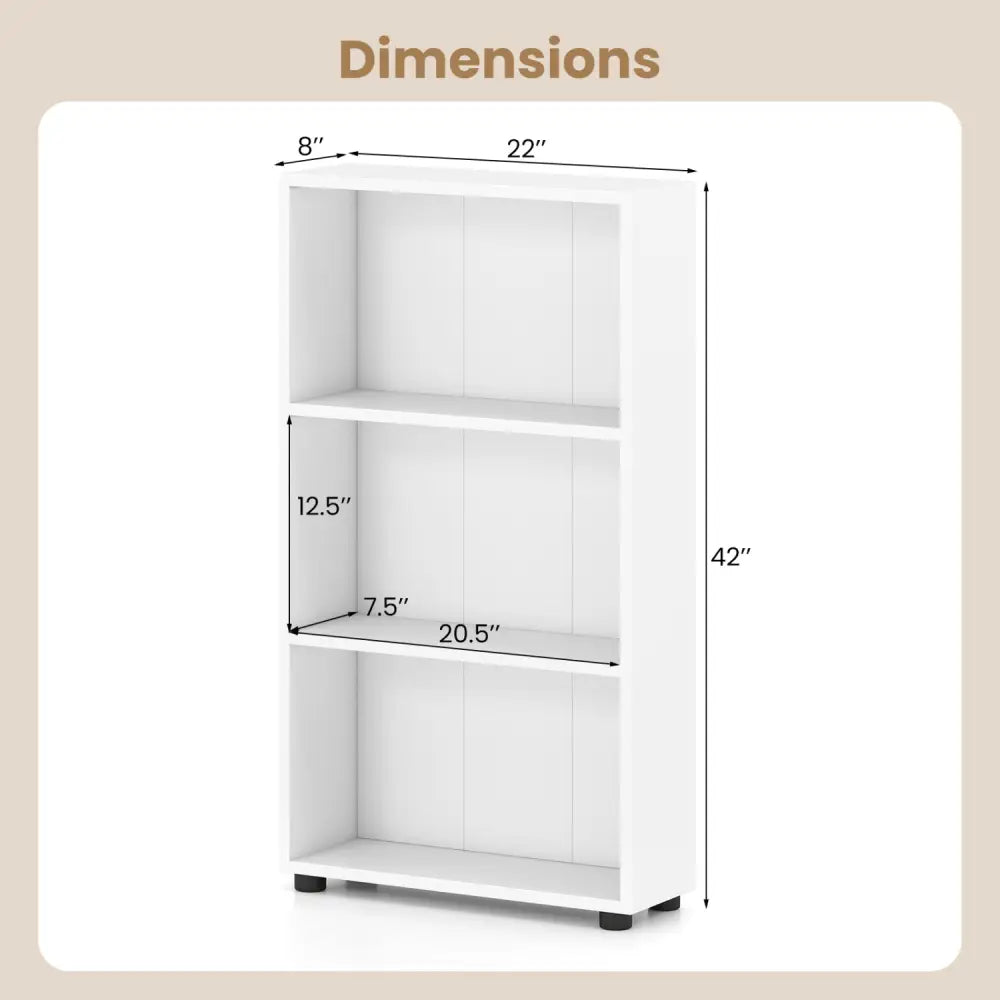 3-Tier Bookcase 42 inch Tall Book Shelf with Anti-Tipping Kit-White - White - Bookcases
