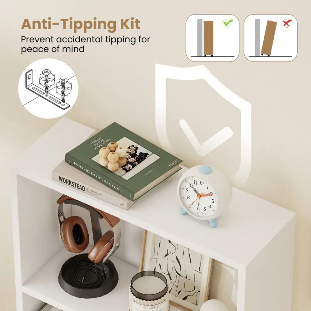 3-Tier Bookcase 42 inch Tall Book Shelf with Anti-Tipping Kit-White - White - Bookcases