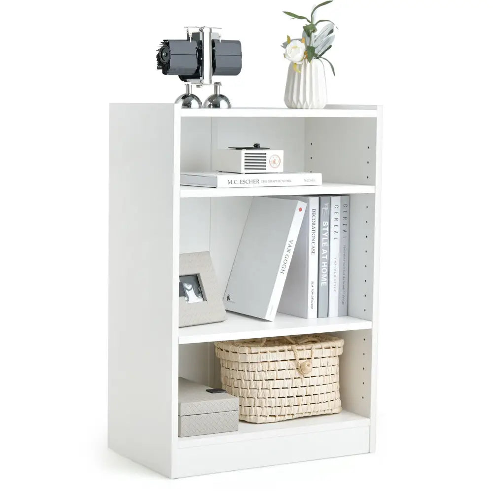 3-Tier Bookcase Open Display Rack Cabinet with Adjustable Shelves-White - White - Bookcases