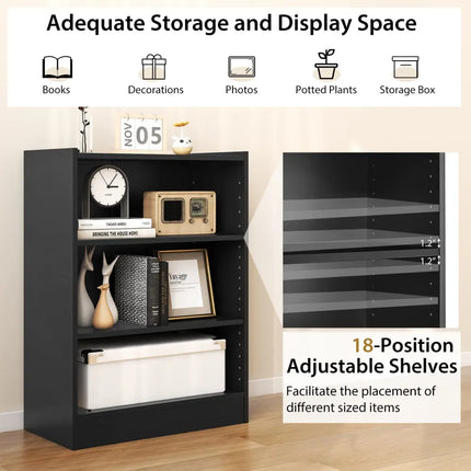 3-Tier Bookcase Open Display Rack Cabinet with Adjustable Shelves-Black Costway