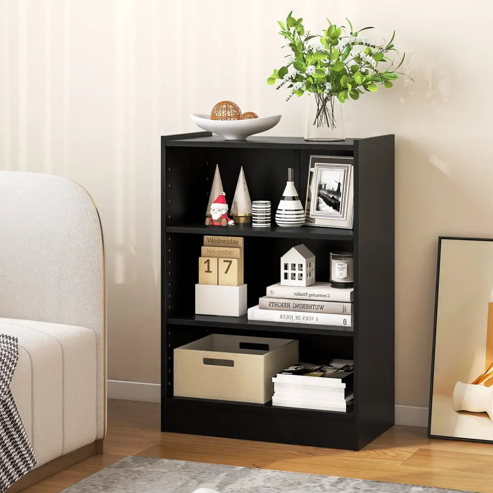 3-Tier Bookcase Open Display Rack Cabinet with Adjustable Shelves-Black - Black - Bookcases