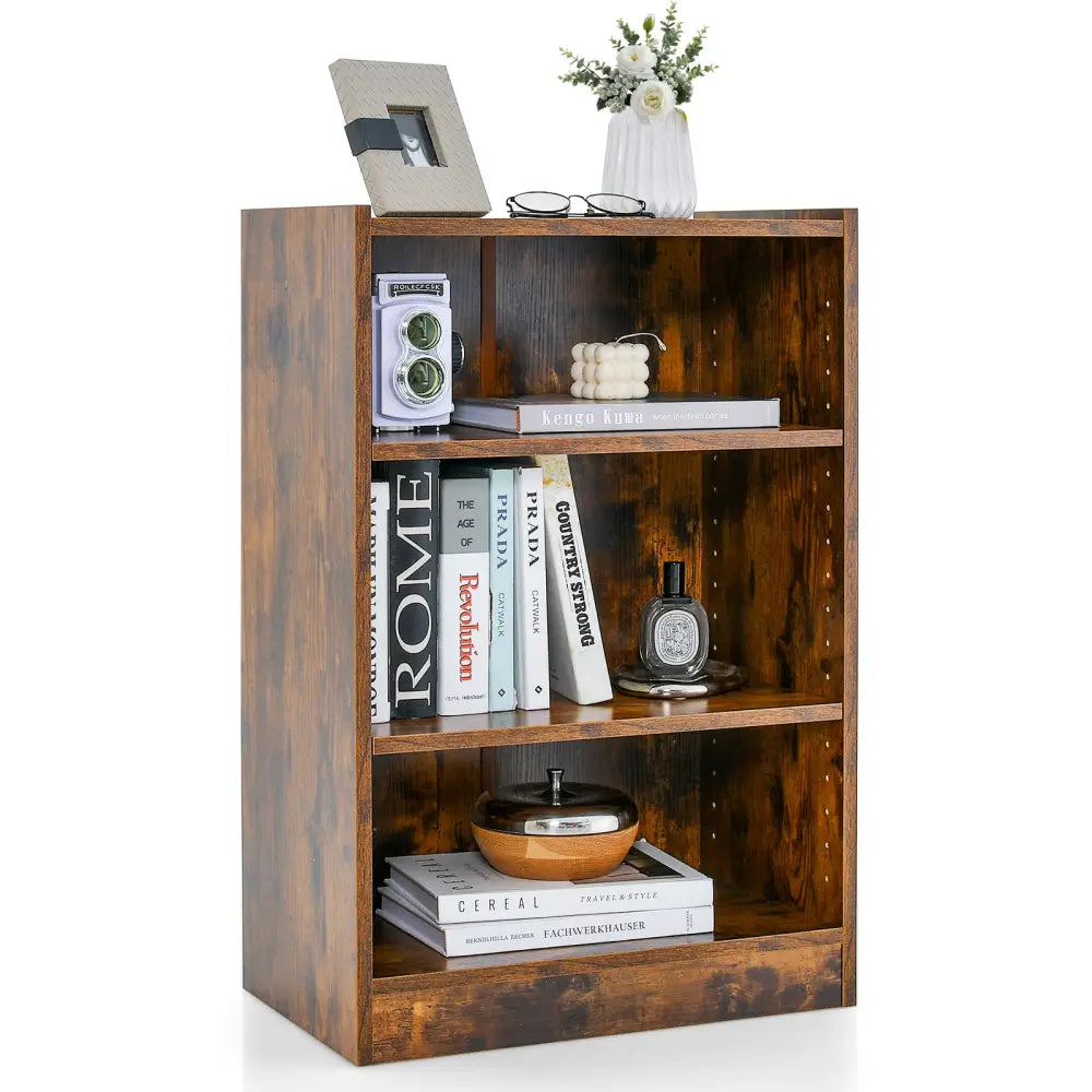 3-Tier Bookcase Open Display Rack Cabinet with Adjustable Shelves-Rustic Brown - Rustic Brown - Bookcases