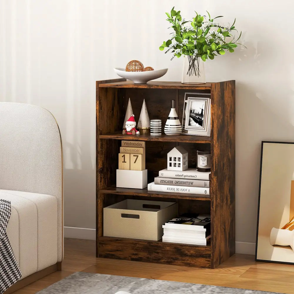 3-Tier Bookcase Open Display Rack Cabinet with Adjustable Shelves-Rustic Brown - Rustic Brown - Bookcases