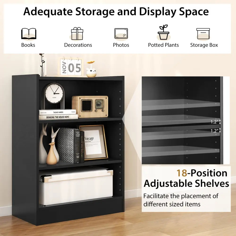 3-Tier Bookcase Open Display Rack Cabinet with Adjustable Shelves-Black - Black - Bookcases