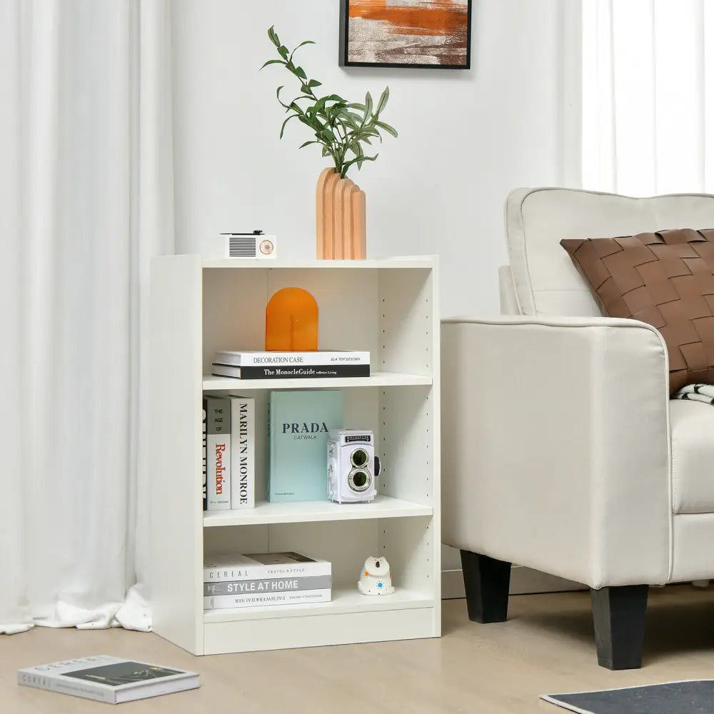 3-Tier Bookcase Open Display Rack Cabinet with Adjustable Shelves-White - White - Bookcases