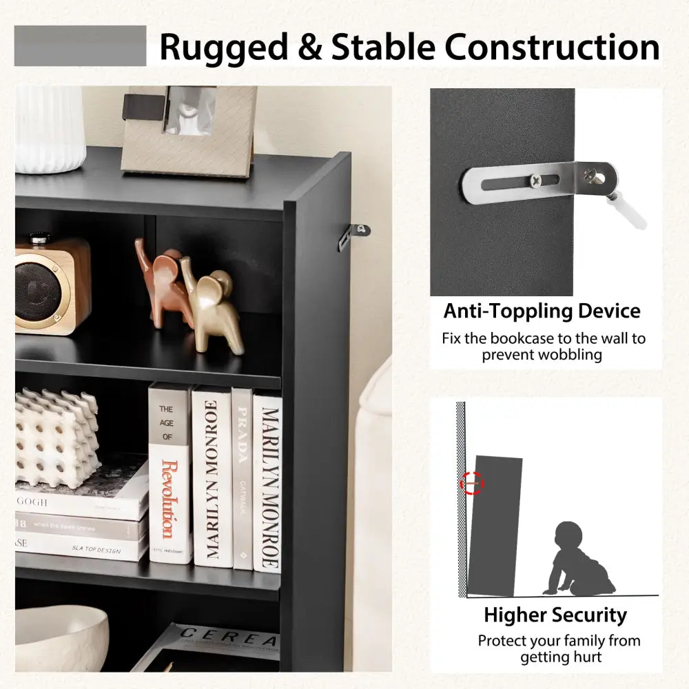 3-Tier Bookcase Open Display Rack Cabinet with Adjustable Shelves-Black - Black - Bookcases