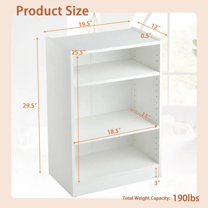 3-Tier Bookcase Open Display Rack Cabinet with Adjustable Shelves-White Costway