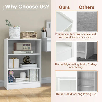 3-Tier Bookcase Open Display Rack Cabinet with Adjustable Shelves-White Costway
