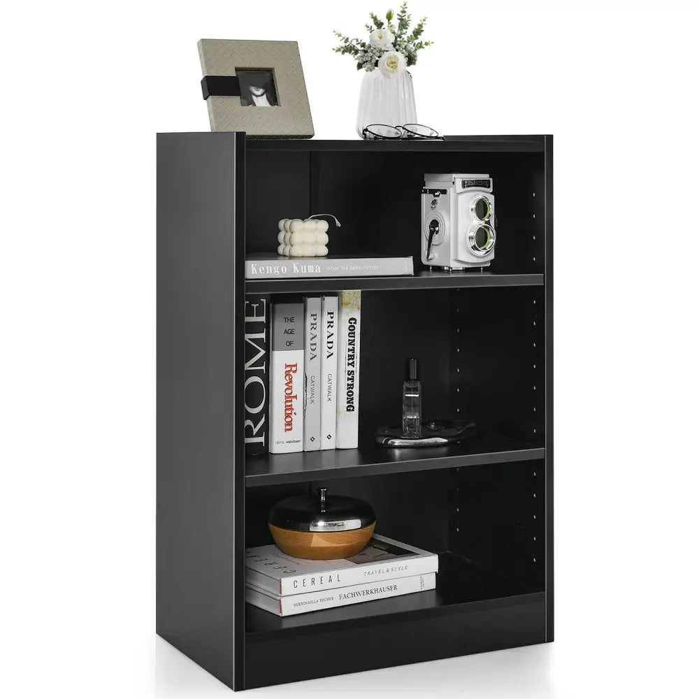 3-Tier Bookcase Open Display Rack Cabinet with Adjustable Shelves-Black - Black - Bookcases