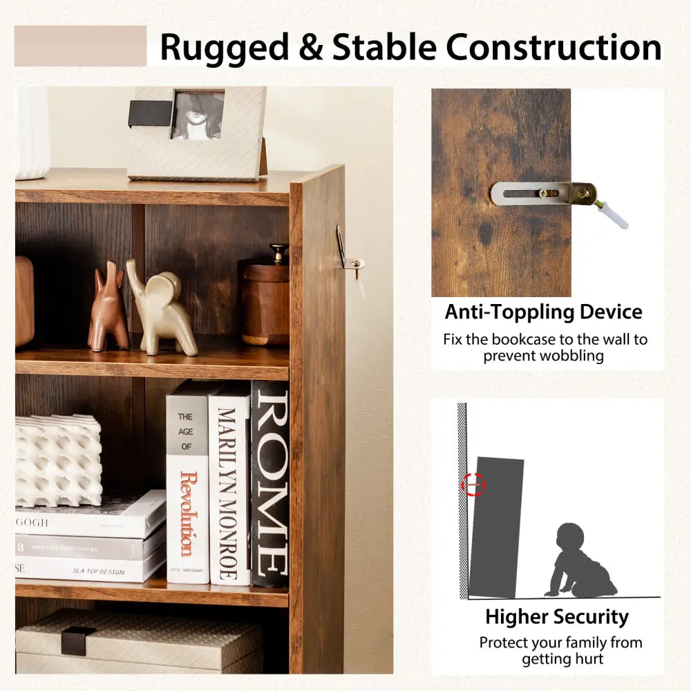 3-Tier Bookcase Open Display Rack Cabinet with Adjustable Shelves-Rustic Brown - Rustic Brown - Bookcases