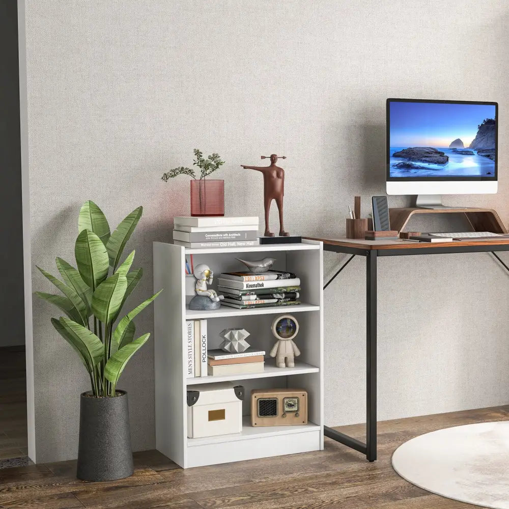 3-Tier Bookcase Open Display Rack Cabinet with Adjustable Shelves-White - White - Bookcases