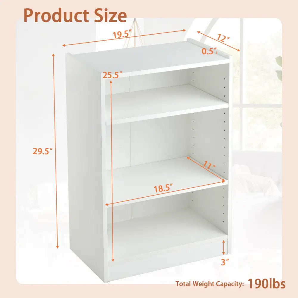 3-Tier Bookcase Open Display Rack Cabinet with Adjustable Shelves-White - White - Bookcases