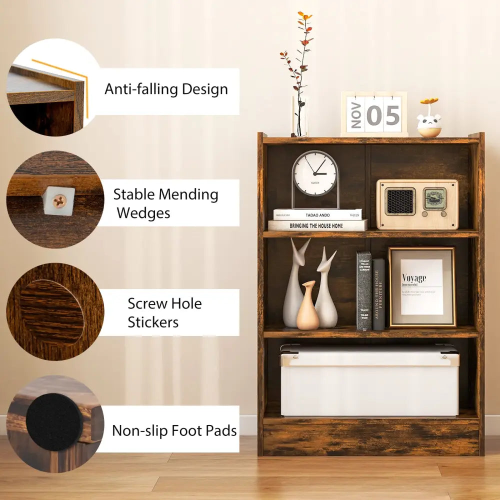 3-Tier Bookcase Open Display Rack Cabinet with Adjustable Shelves-Rustic Brown - Rustic Brown - Bookcases