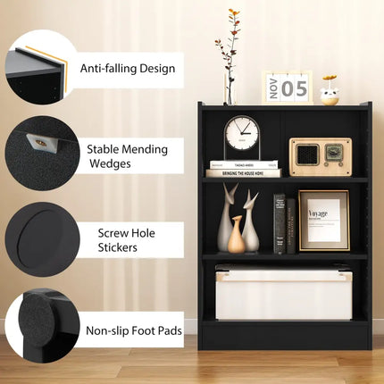 3-Tier Bookcase Open Display Rack Cabinet with Adjustable Shelves-Black Costway