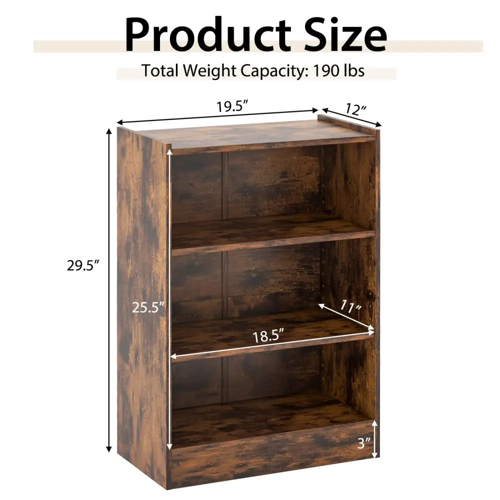 3-Tier Bookcase Open Display Rack Cabinet with Adjustable Shelves-Rustic Brown - Rustic Brown - Bookcases