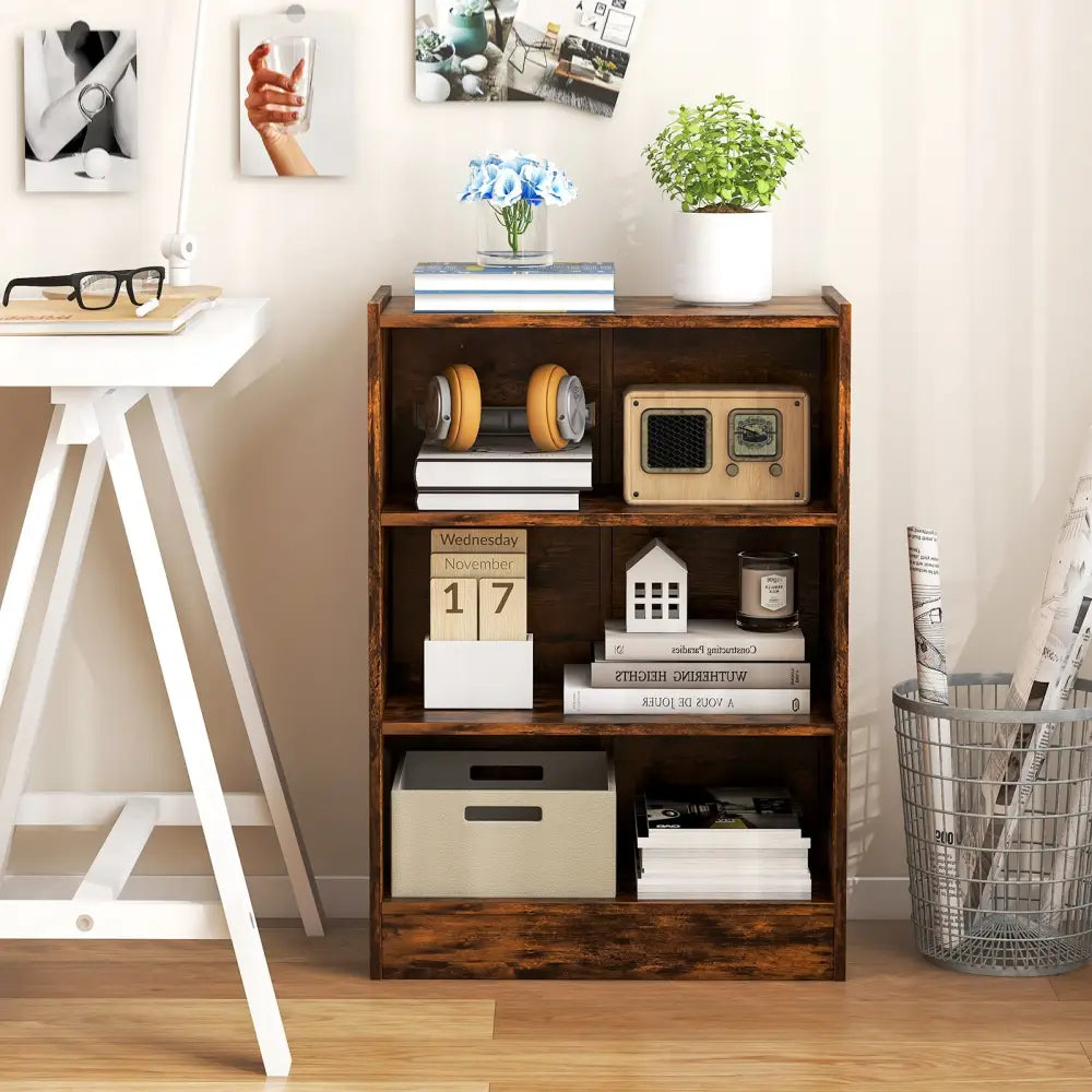 3-Tier Bookcase Open Display Rack Cabinet with Adjustable Shelves-Rustic Brown - Rustic Brown - Bookcases