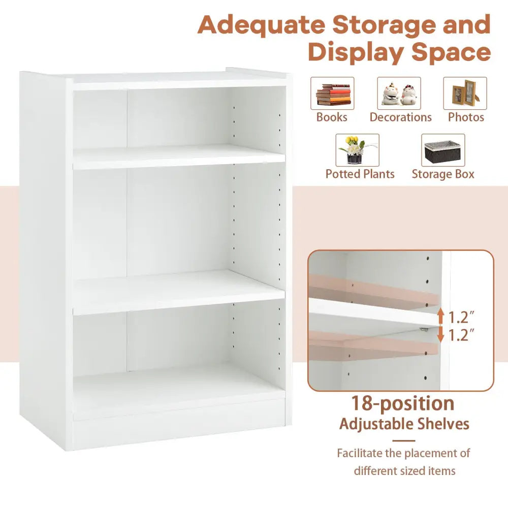 3-Tier Bookcase Open Display Rack Cabinet with Adjustable Shelves-White - White - Bookcases