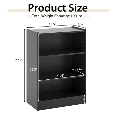 3-Tier Bookcase Open Display Rack Cabinet with Adjustable Shelves-Black Costway