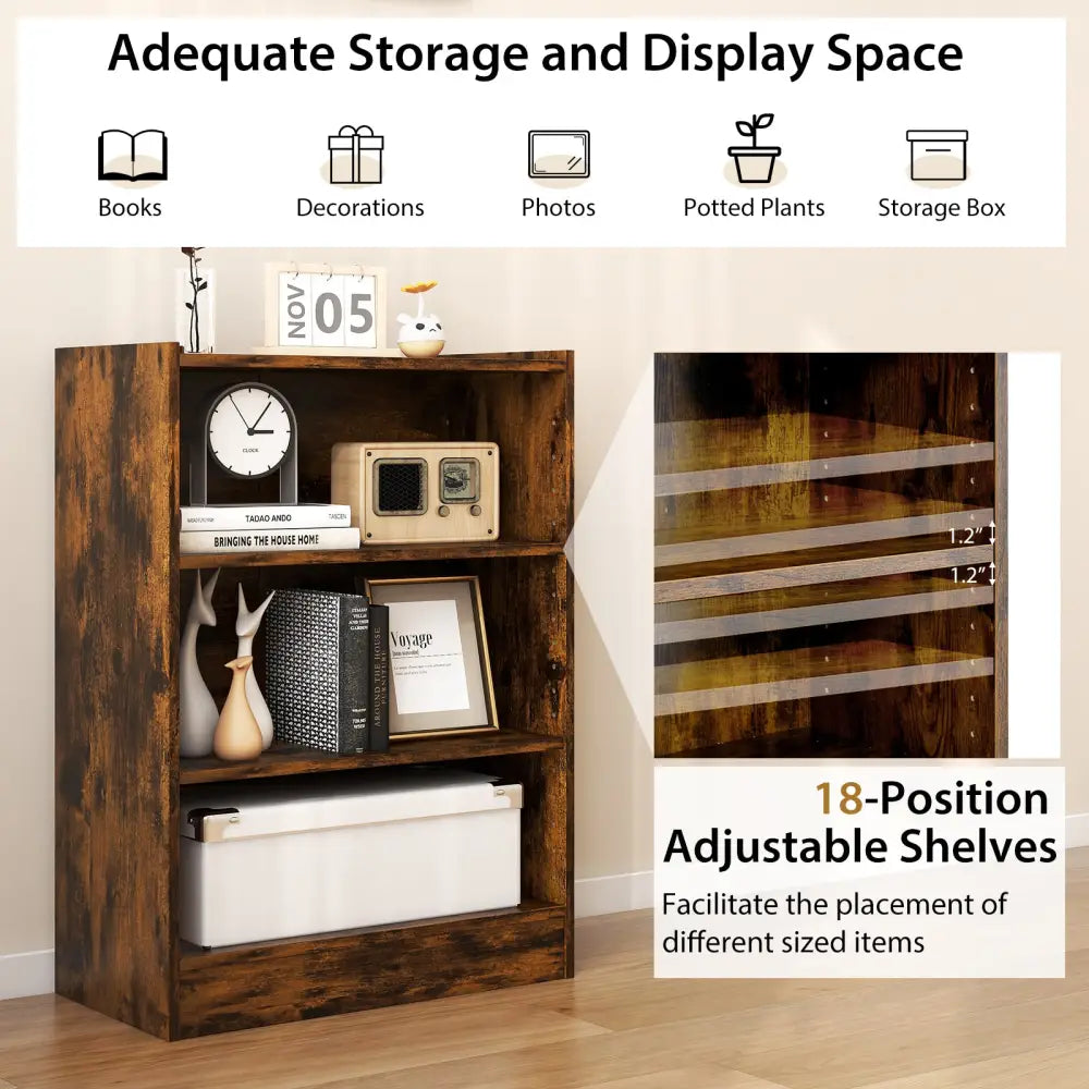 3-Tier Bookcase Open Display Rack Cabinet with Adjustable Shelves-Rustic Brown - Rustic Brown - Bookcases