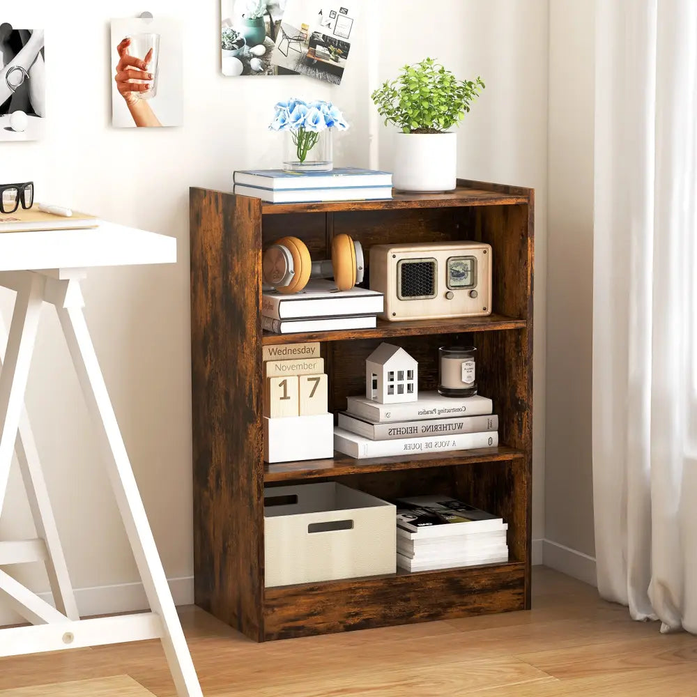 3-Tier Bookcase Open Display Rack Cabinet with Adjustable Shelves-Rustic Brown - Rustic Brown - Bookcases