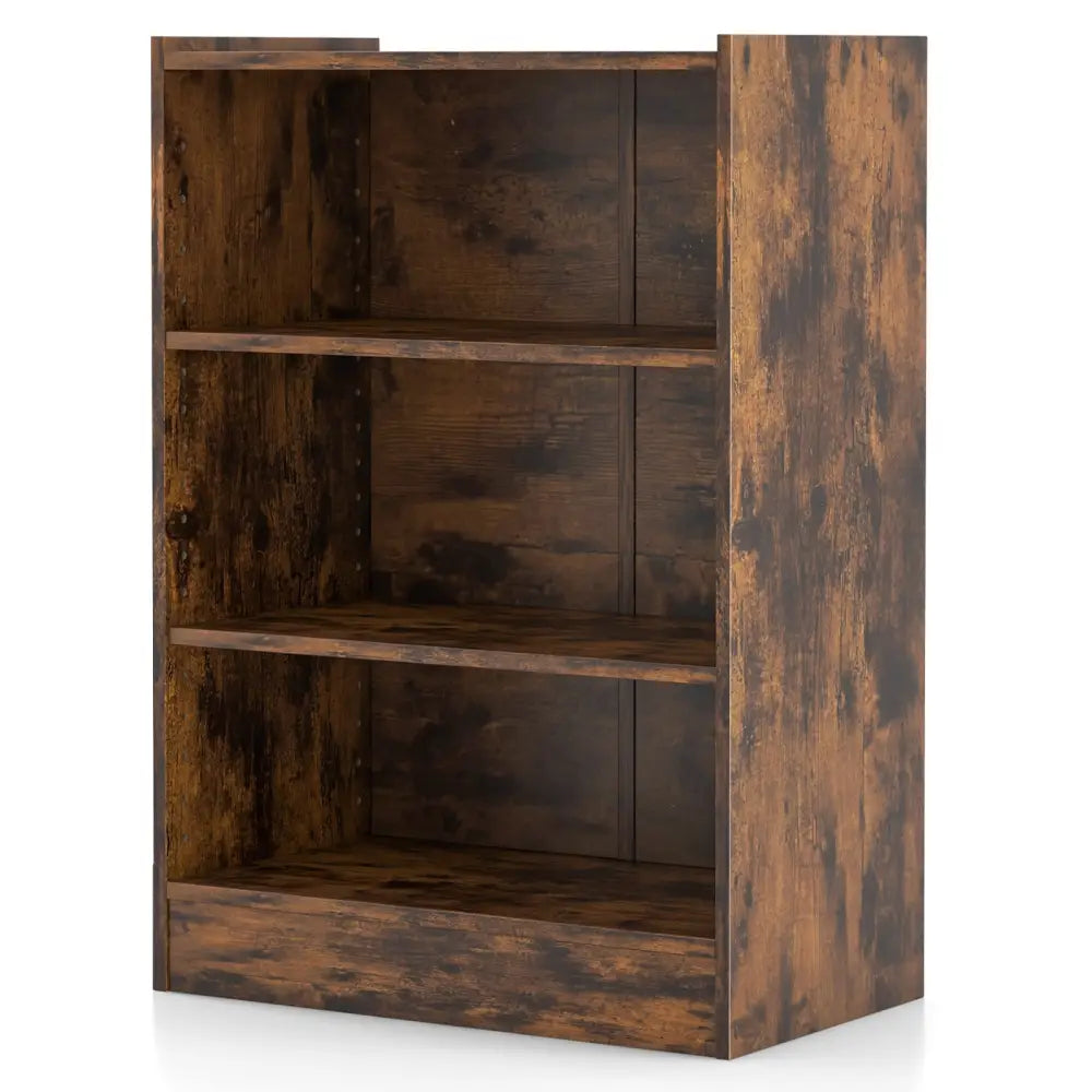 3-Tier Bookcase Open Display Rack Cabinet with Adjustable Shelves-Rustic Brown - Rustic Brown - Bookcases