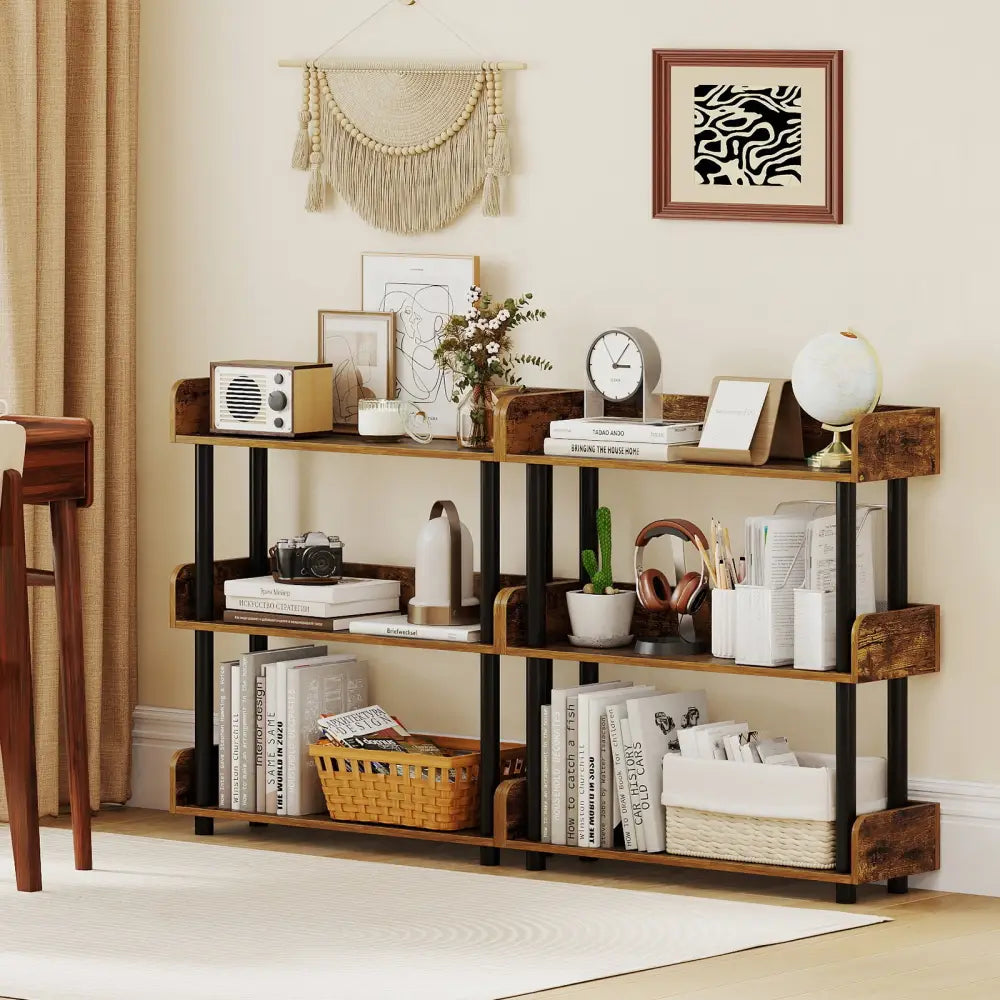 3-Tier Bookshelf with Anti-Tipping Kit and Industrial Storage Unit for Living Room-Rustic Brown - Rustic Brown
