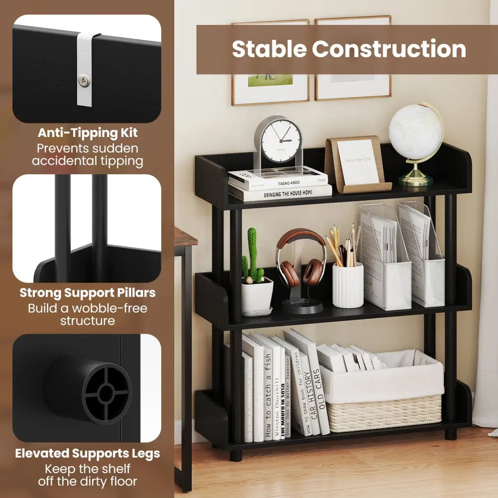 3-Tier Bookshelf with Anti-Tipping Kit and Industrial Storage Unit for Living Room-Black - Black - Bookcases