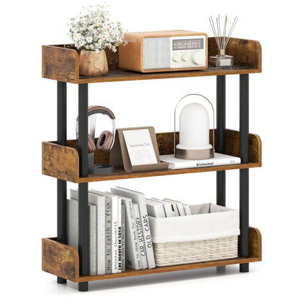 3-Tier Bookshelf with Anti-Tipping Kit and Industrial Storage Unit for Living Room-Rustic Brown Costway