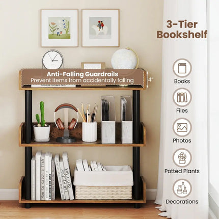3-Tier Bookshelf with Anti-Tipping Kit and Industrial Storage Unit for Living Room-Rustic Brown Costway