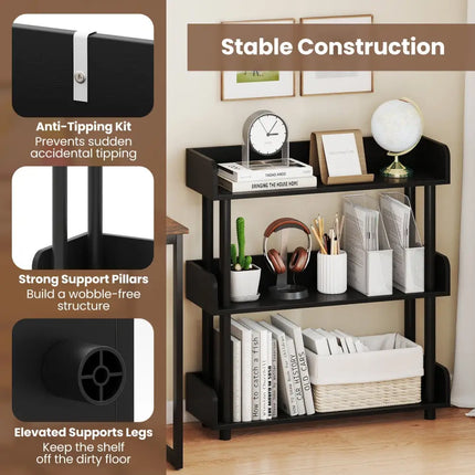 3-Tier Bookshelf with Anti-Tipping Kit and Industrial Storage Unit for Living Room-Black Costway