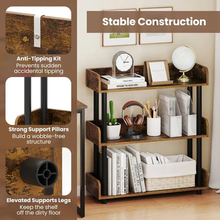 3-Tier Bookshelf with Anti-Tipping Kit and Industrial Storage Unit for Living Room-Rustic Brown Costway