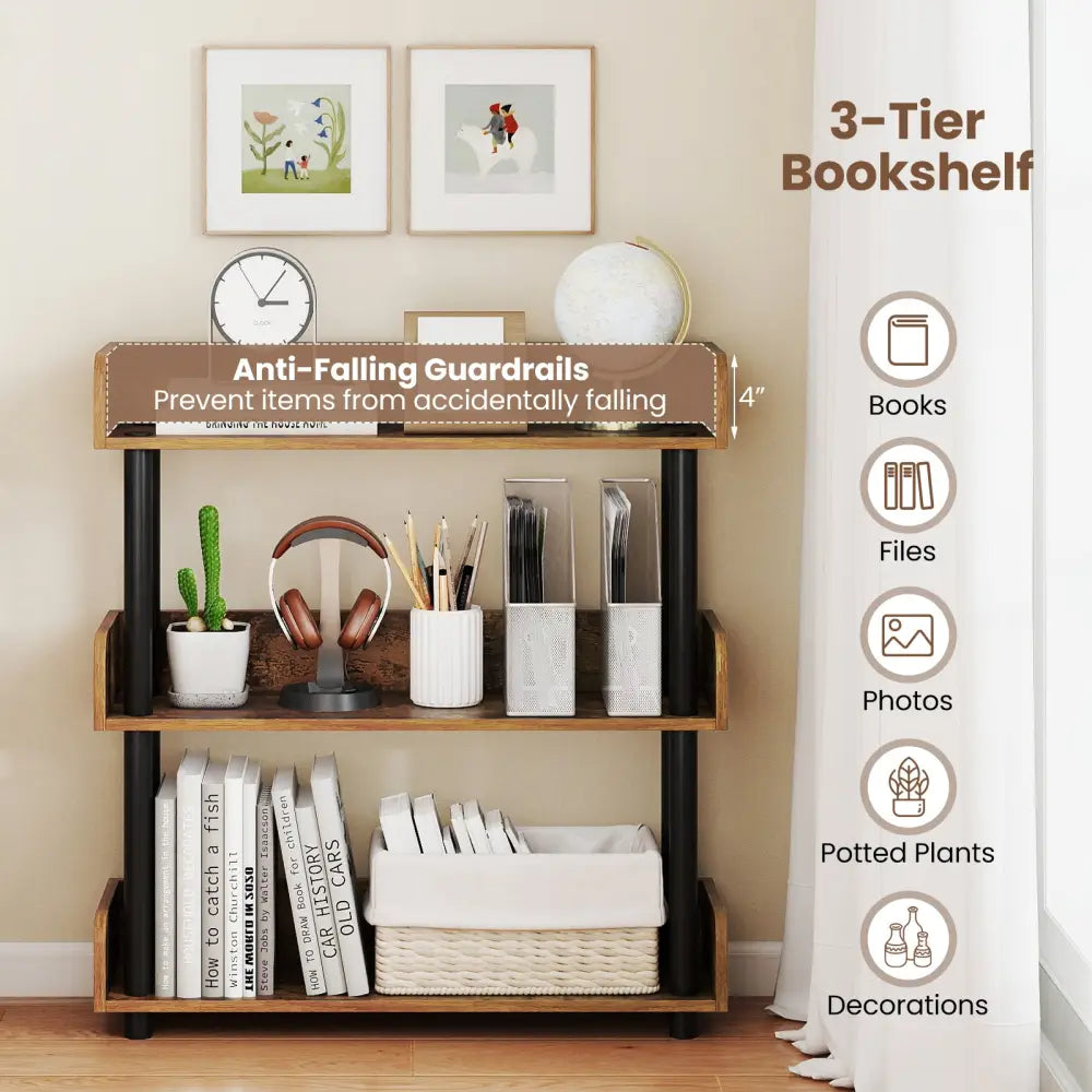 3-Tier Bookshelf with Anti-Tipping Kit and Industrial Storage Unit for Living Room-Rustic Brown - Rustic Brown