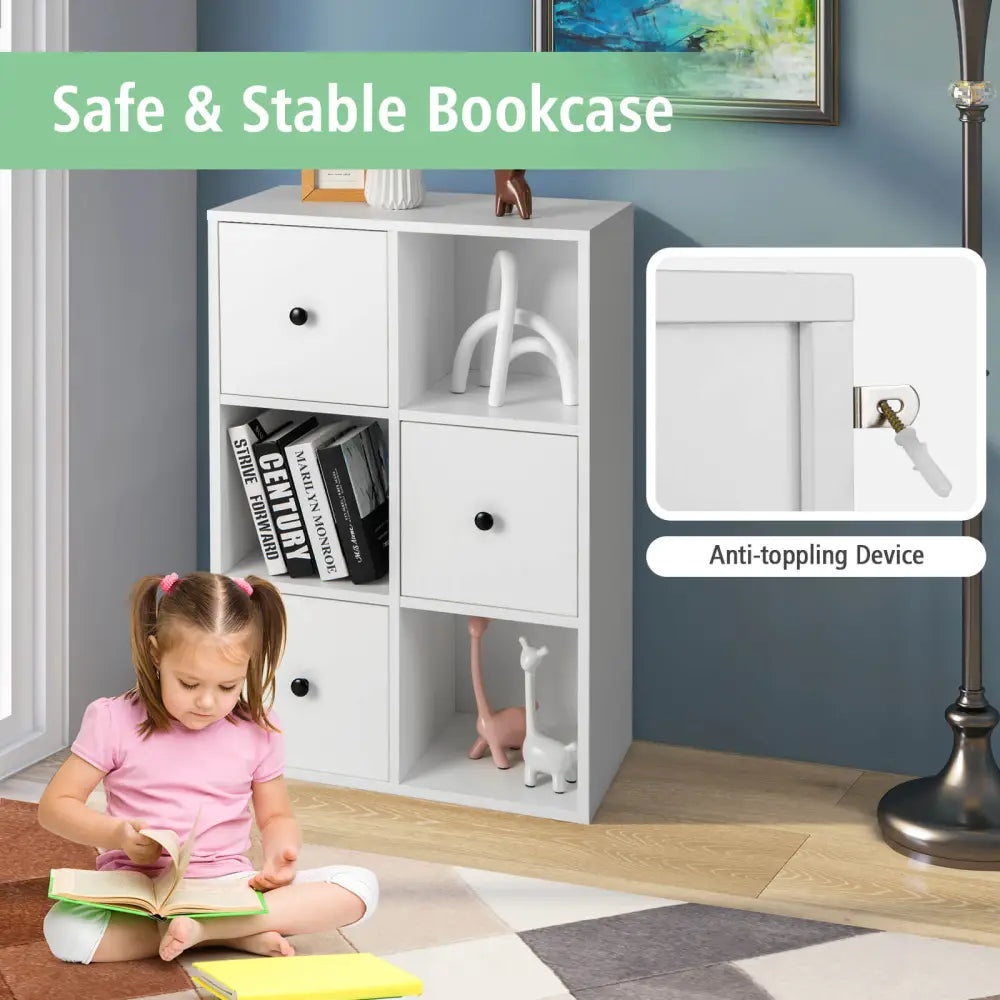 3-Tier Bookshelf with Anti-toppling Device for Living Room-White - White - Bookcases