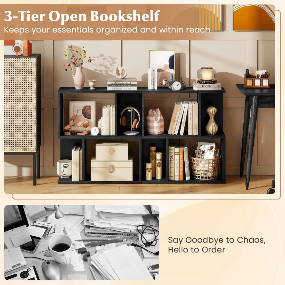 3-Tier Bookshelf with Display Shelf for Small Space-Black - Black - Bookcases