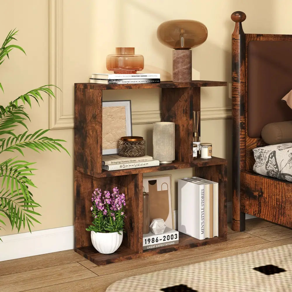 3-Tier Bookshelf with Display Shelf for Small Space-Rustic Brown - Brown - Bookcases