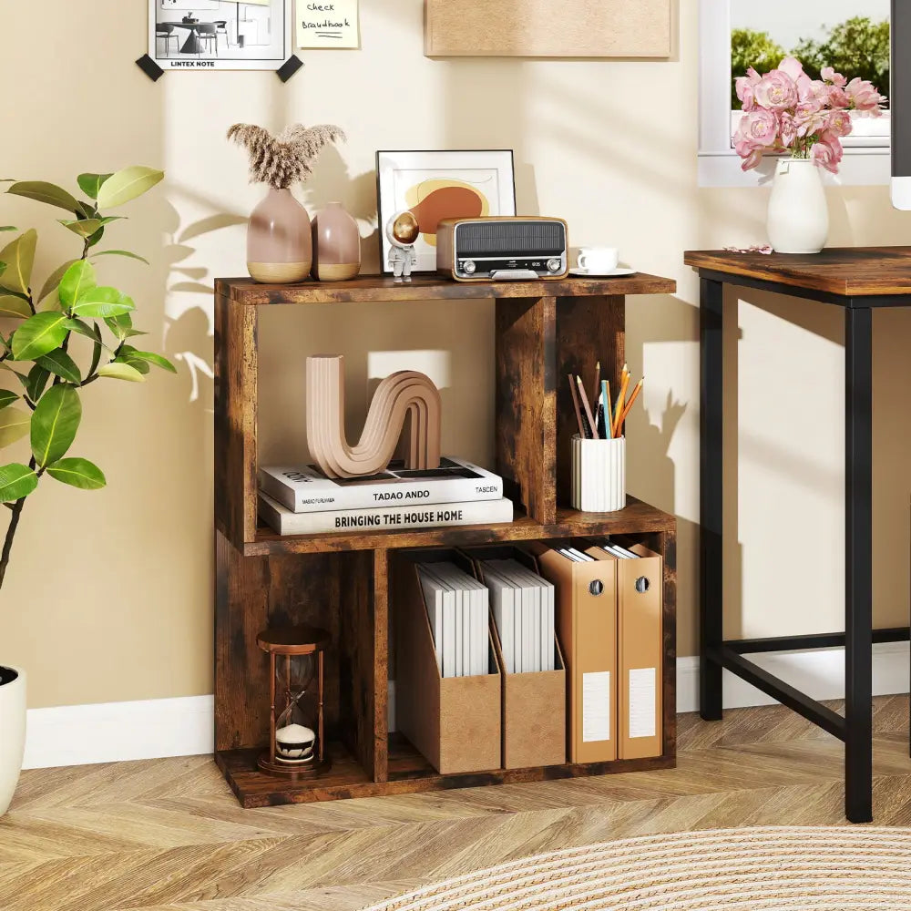 3-Tier Bookshelf with Display Shelf for Small Space-Rustic Brown - Brown - Bookcases