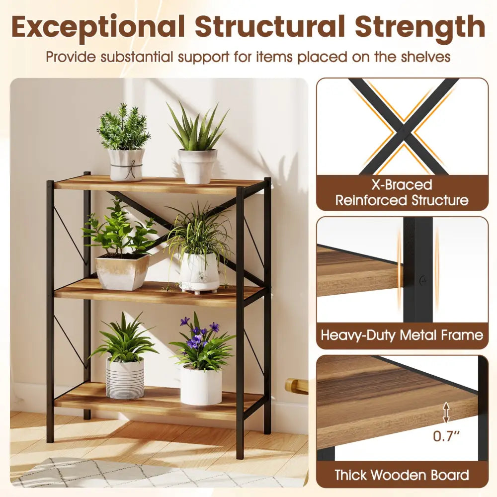 3-Tier Bookshelf with Heavy-Duty Metal Frame - Walnut - Bookcases
