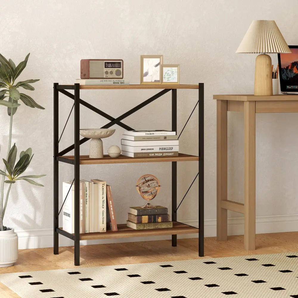 3-Tier Bookshelf with Heavy-Duty Metal Frame - Walnut - Bookcases