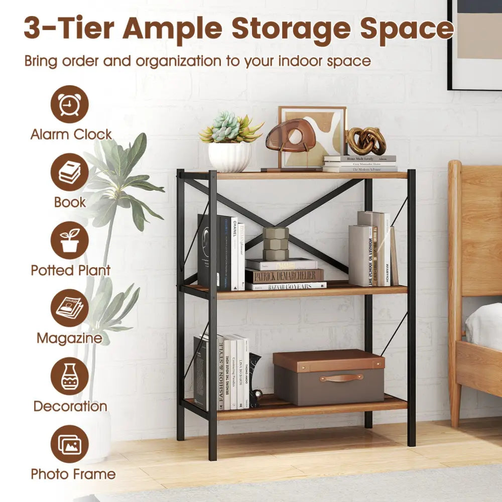 3-Tier Bookshelf with Heavy-Duty Metal Frame - Walnut - Bookcases