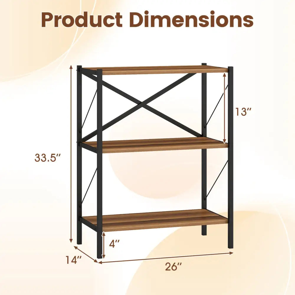 3-Tier Bookshelf with Heavy-Duty Metal Frame - Walnut - Bookcases