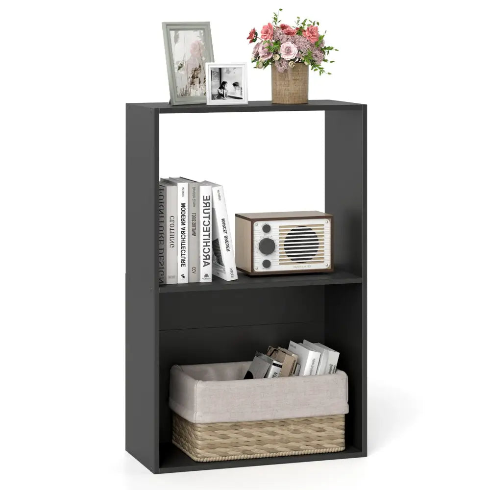 3-Tier Bookshelf with Open Storage Compartment and Freestanding Display Shelf-Black - Black - Bookcases