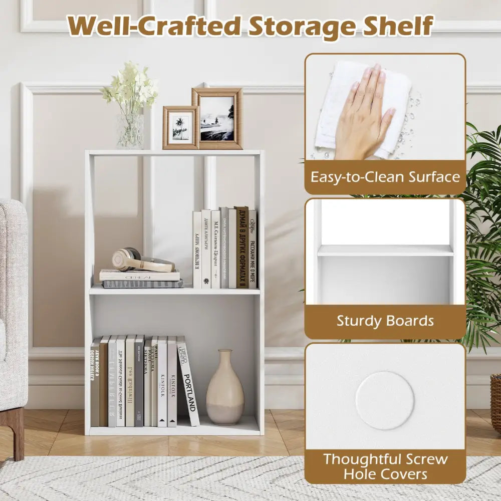 3-Tier Bookshelf with Open Storage Compartment and Freestanding Display Shelf-White - White - Bookcases
