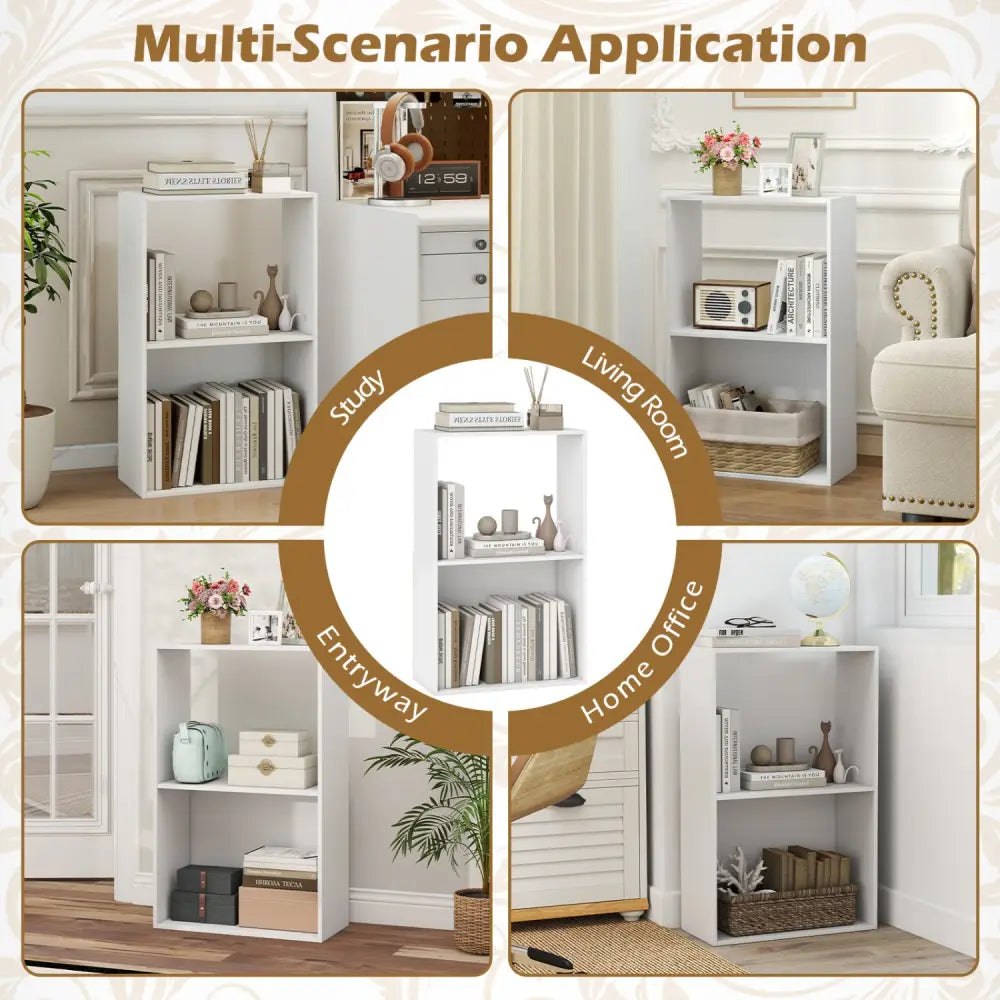 3-Tier Bookshelf with Open Storage Compartment and Freestanding Display Shelf-White - White - Bookcases