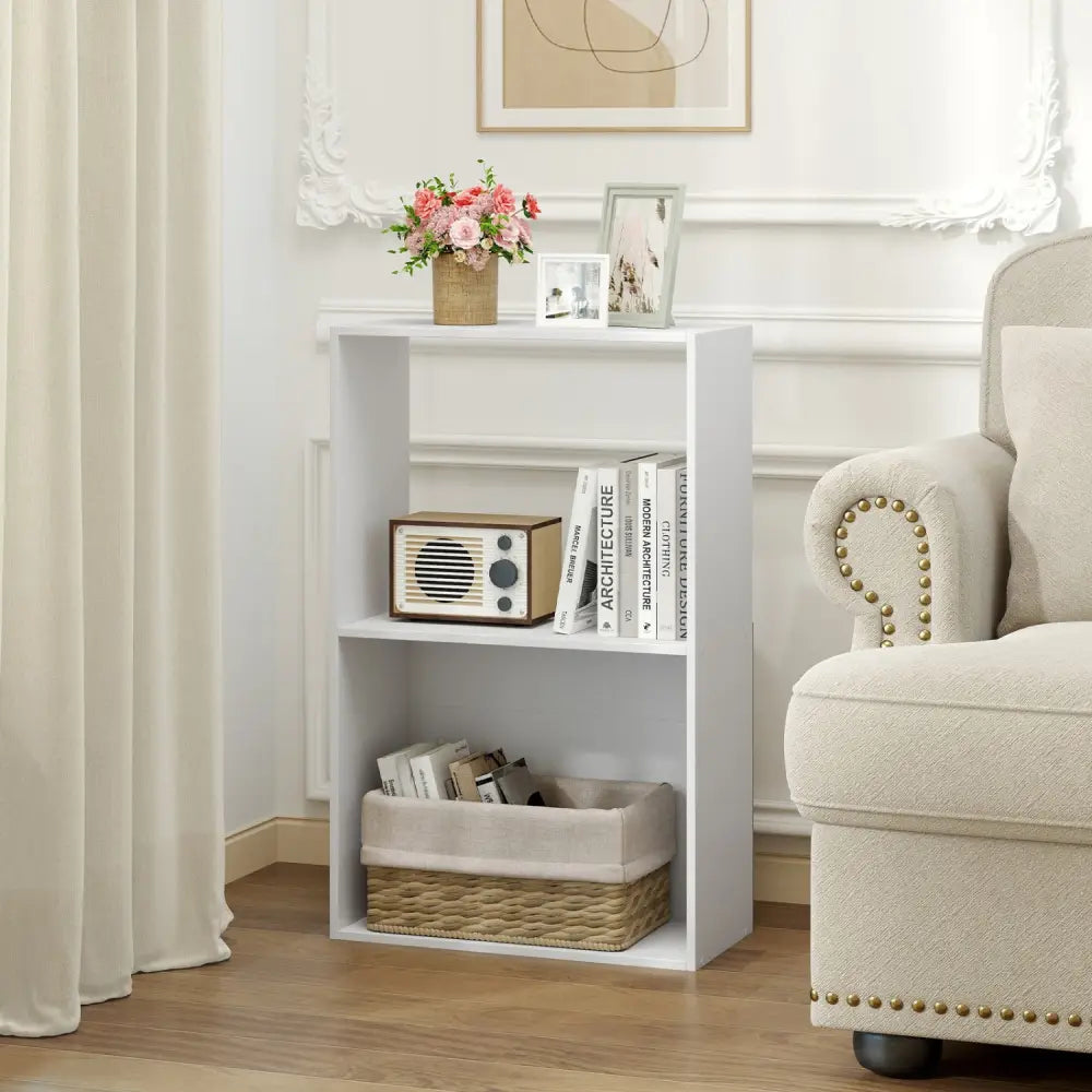 3-Tier Bookshelf with Open Storage Compartment and Freestanding Display Shelf-White - White - Bookcases