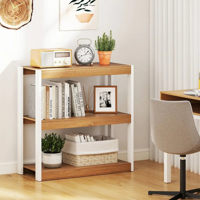 3 Tier Bookshelf Wooden Bookcase with Dual Anti-Tipping Kits-Natural Costway