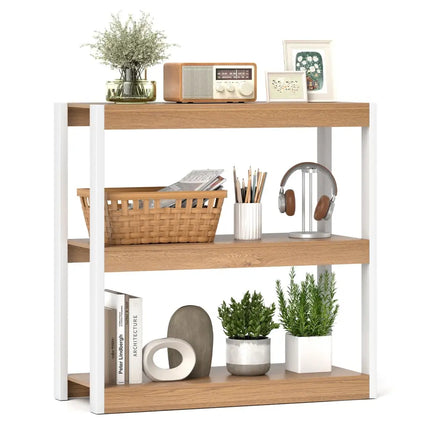 3 Tier Bookshelf Wooden Bookcase with Dual Anti-Tipping Kits-Natural Costway