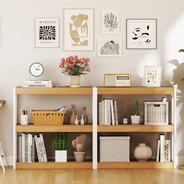 3 Tier Bookshelf Wooden Bookcase with Dual Anti-Tipping Kits-Natural Costway