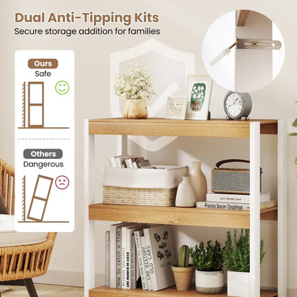 3 Tier Bookshelf Wooden Bookcase with Dual Anti-Tipping Kits-Natural Costway