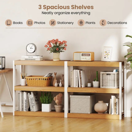 3 Tier Bookshelf Wooden Bookcase with Dual Anti-Tipping Kits-Natural Costway