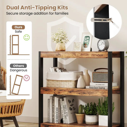 3 Tier Bookshelf Wooden Bookcase with Dual Anti-Tipping Kits-Rustic Brown Costway